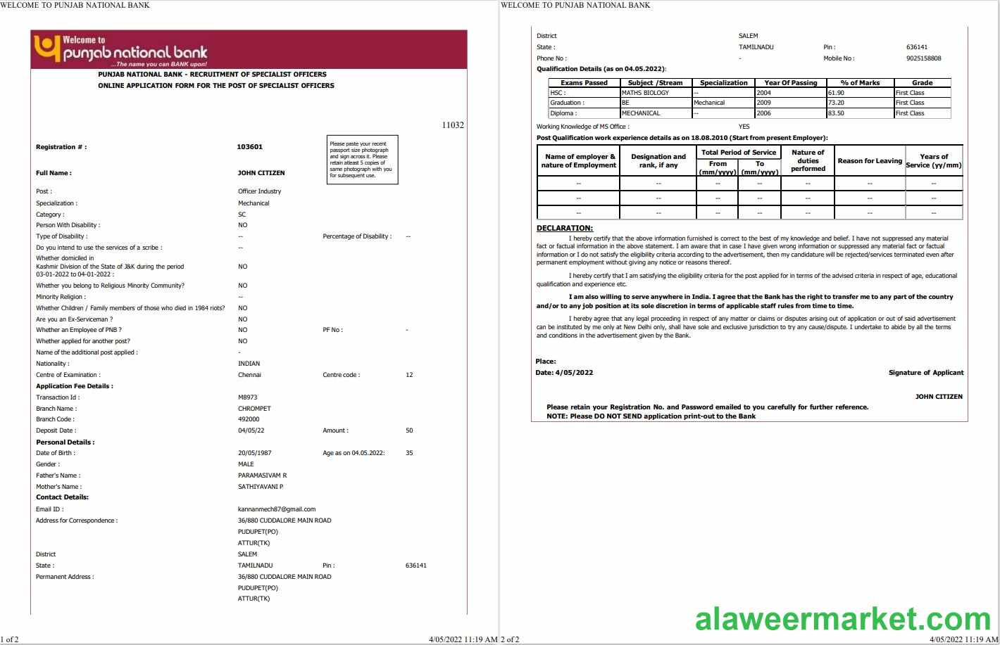 India Punjab National Bank statement Word and PDF template, 2 pages